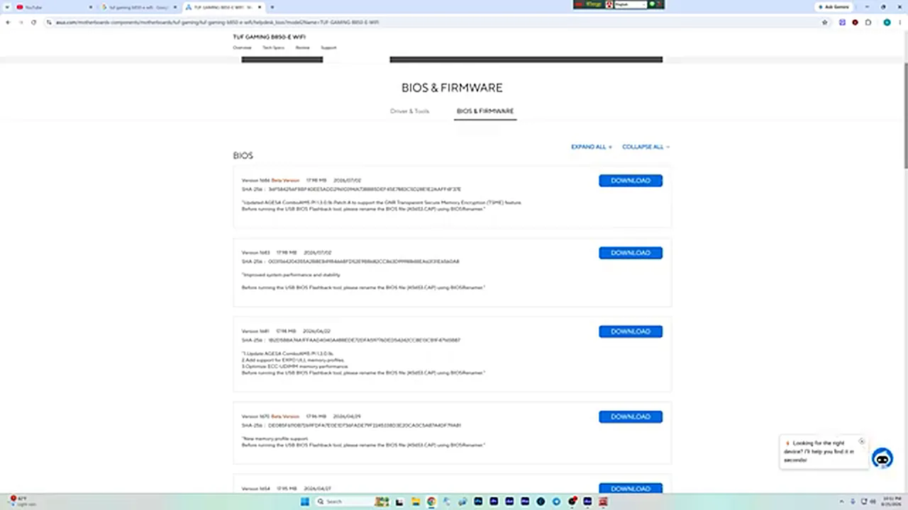 ASUS BIOS update ASUS BIOS update - the ASUS support page with the BIOS and Firmware download list