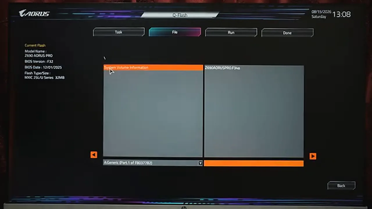Gigabyte AORUS BIOS update - the Q-Flash screen selecting the BIOS file from the USB drive