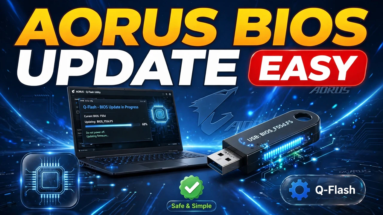 Gigabyte AORUS BIOS update - laptop showing Q-Flash with a USB drive