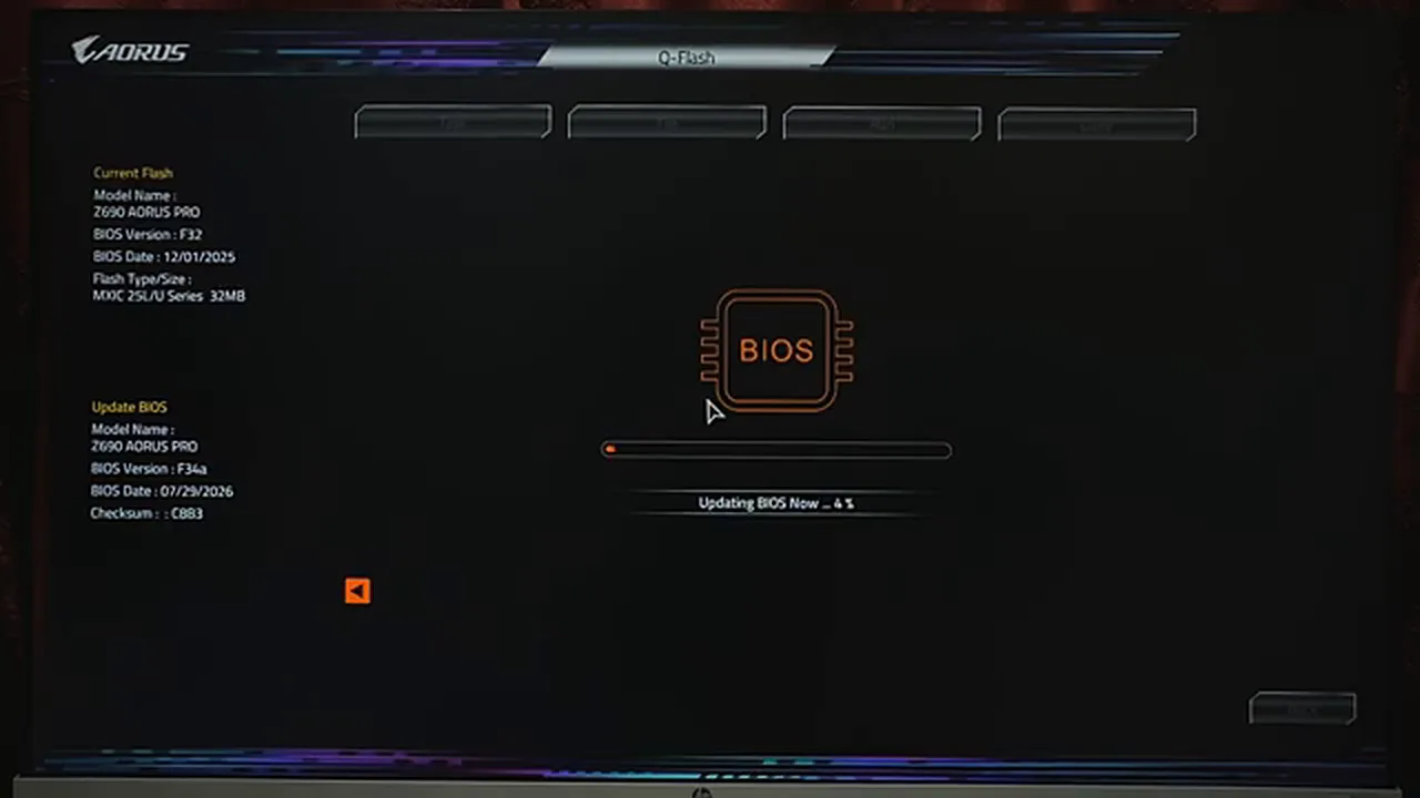 Gigabyte AORUS BIOS update - the Q-Flash screen showing Updating BIOS Now at 4 percent