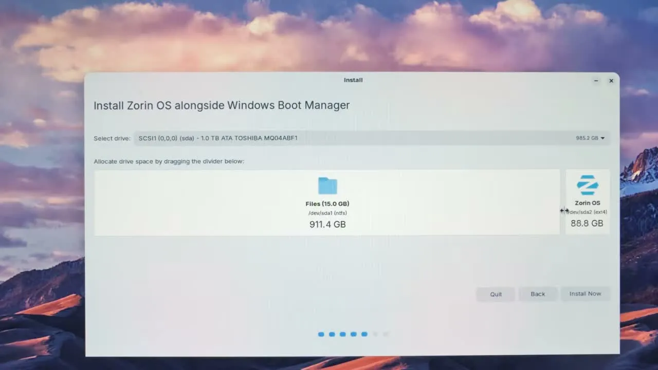Install Zorin OS Without USB Allocate about 100 GB of drive space for Zorin OS by dragging the divider
