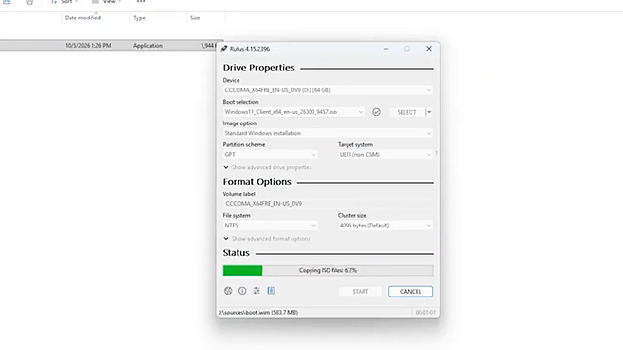 Install Windows 11 26H2 Install Windows 11 26H2 - Rufus main window with the ISO selected