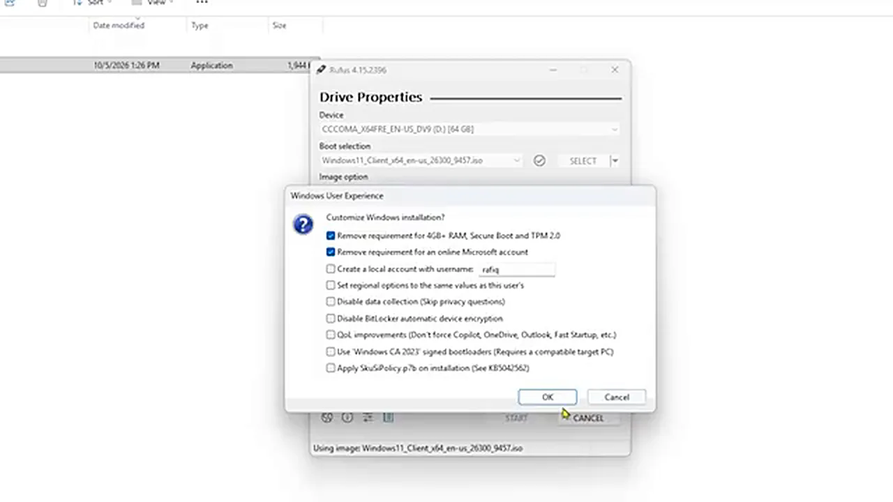Install Windows 11 26H2 Install Windows 11 26H2 - Rufus options to remove TPM, Secure Boot and RAM requirements