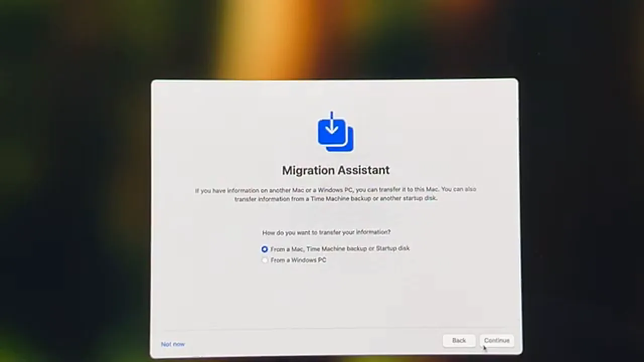 Mac mini M4 setup Mac mini M4 setup - Migration Assistant offering transfer from an old Mac, backup or Windows PC