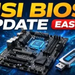 MSI BIOS update - motherboard with a glowing BIOS chip and a USB drive