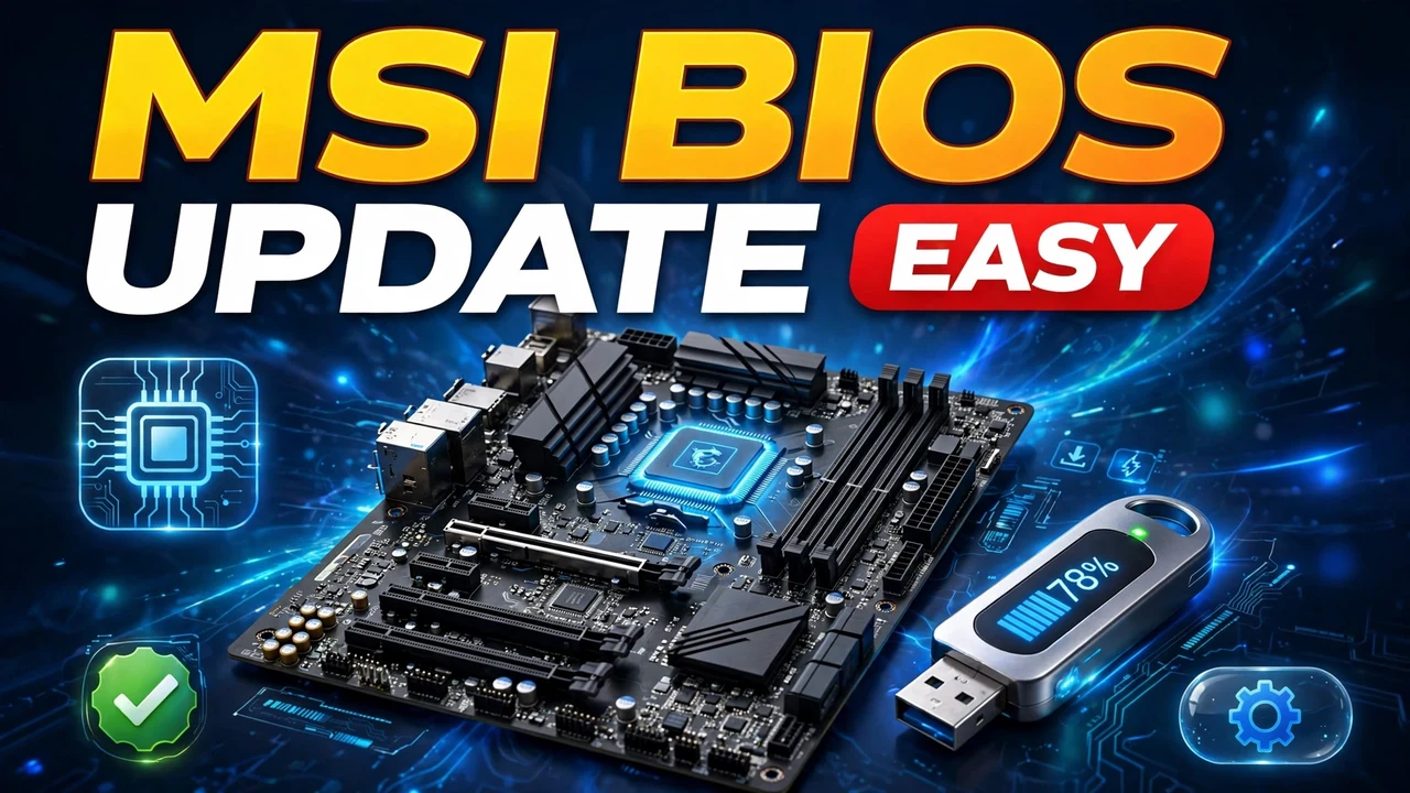 MSI BIOS update - motherboard with a glowing BIOS chip and a USB drive