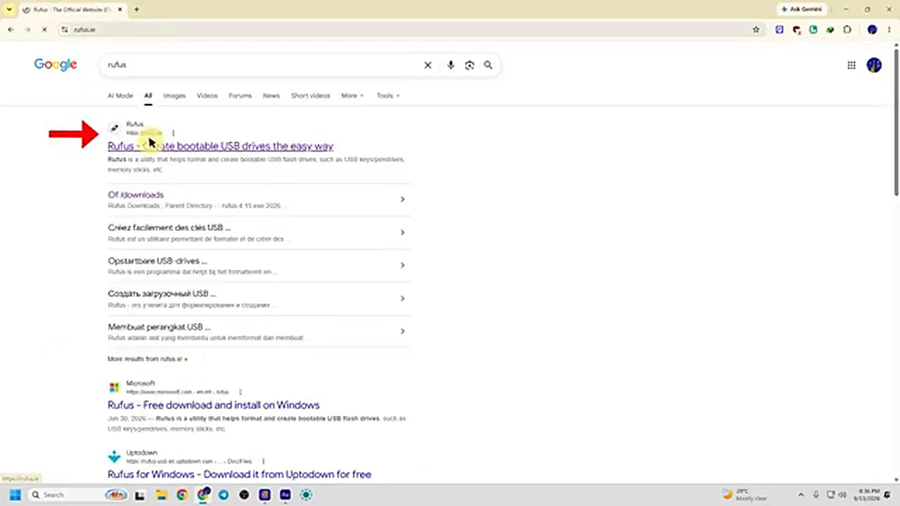 Optimum 11 - searching for and downloading the Rufus bootable USB tool