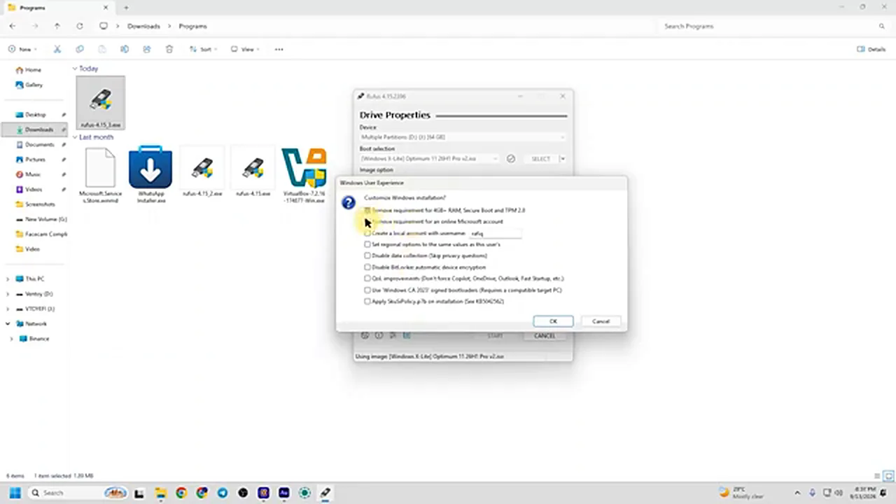Optimum 11 - the Rufus Windows User Experience dialog, the requirements are already removed in this ISO