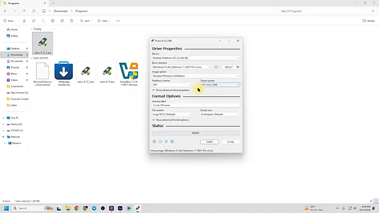 Optimum 11 - Rufus with the ISO selected and the partition scheme on GPT