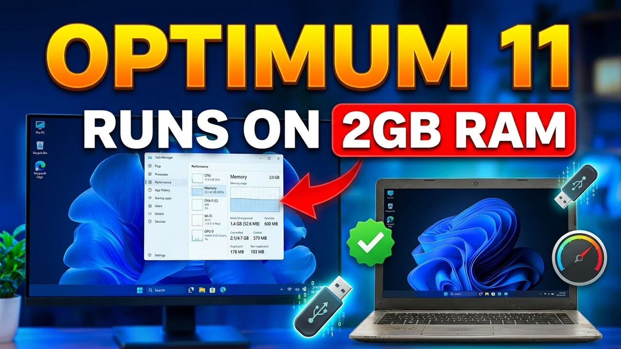 Optimum 11 - lightweight Windows 11 running on only 2GB RAM, Task Manager proof