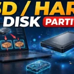 partition hard disk Windows - laptop showing one drive splitting into three partitions with an SSD