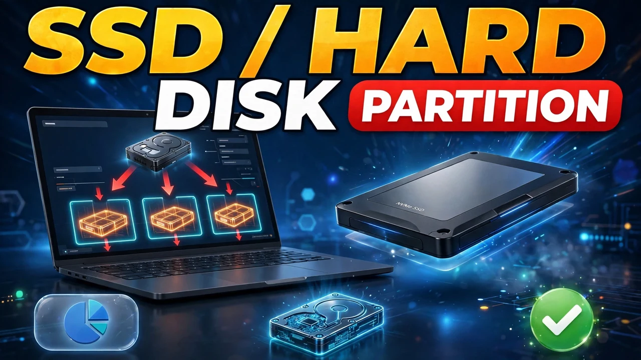 partition hard disk Windows - laptop showing one drive splitting into three partitions with an SSD