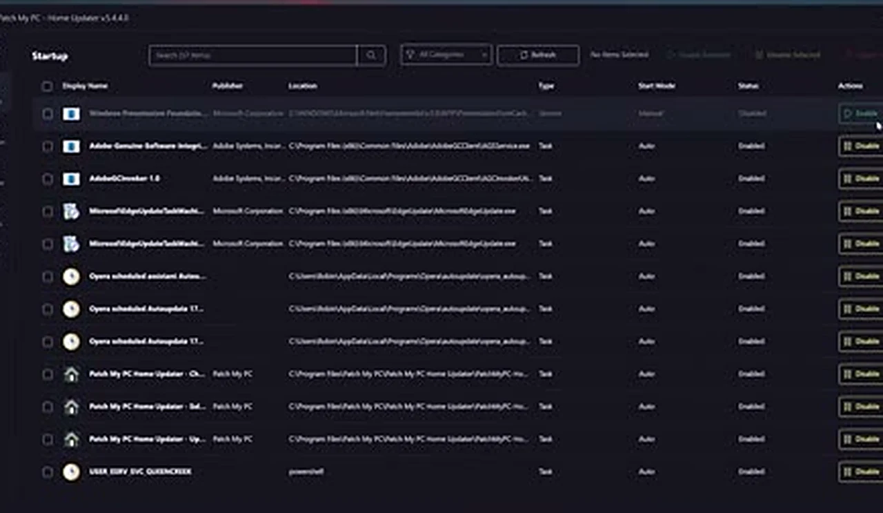 Patch My PC Home Updater Patch My PC Home Updater - the Startup tab showing programs enabled and disabled at boot