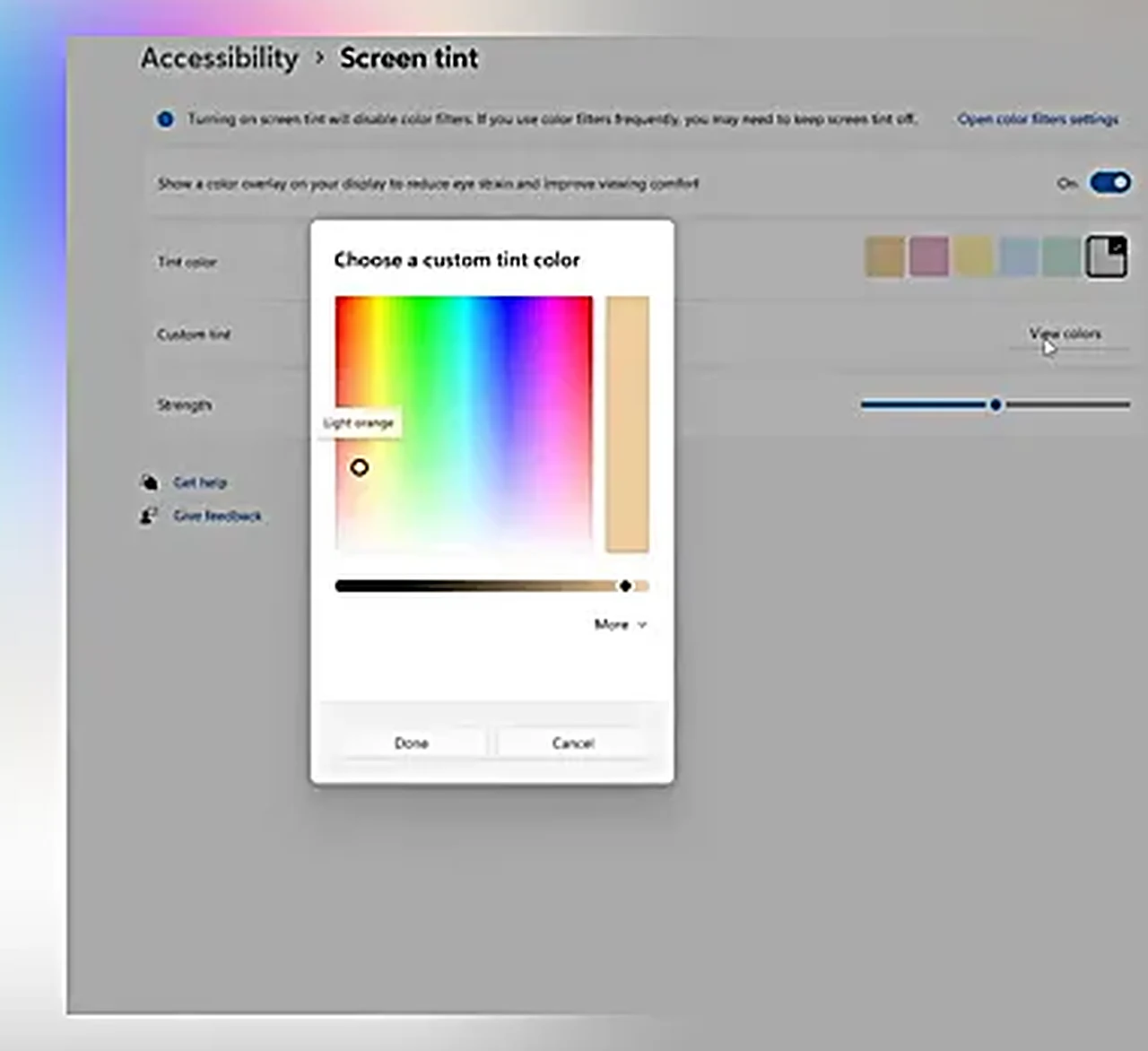 Windows 11 26H2 features - the Screen Tint color picker in Accessibility settings