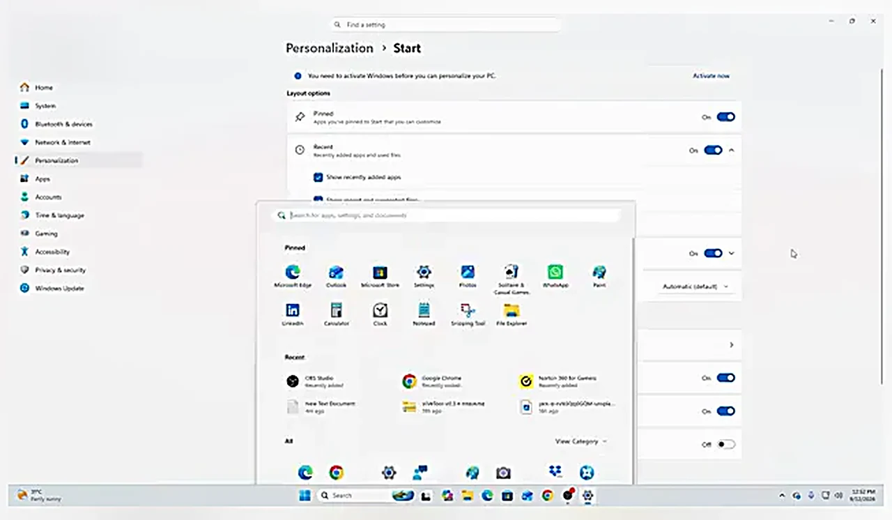 Windows 11 26H2 features - the Personalization Start settings page with the new controls