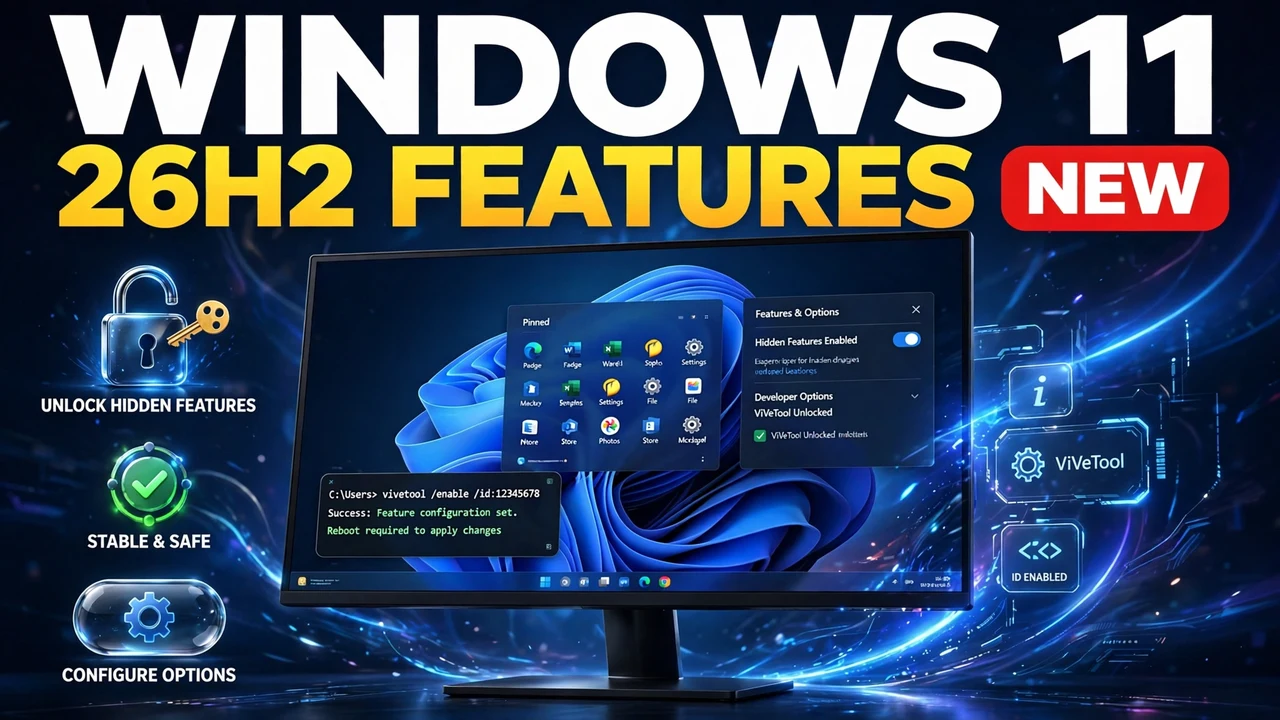 Windows 11 26H2 features - monitor showing the Start menu, settings panel and ViVeTool command prompt